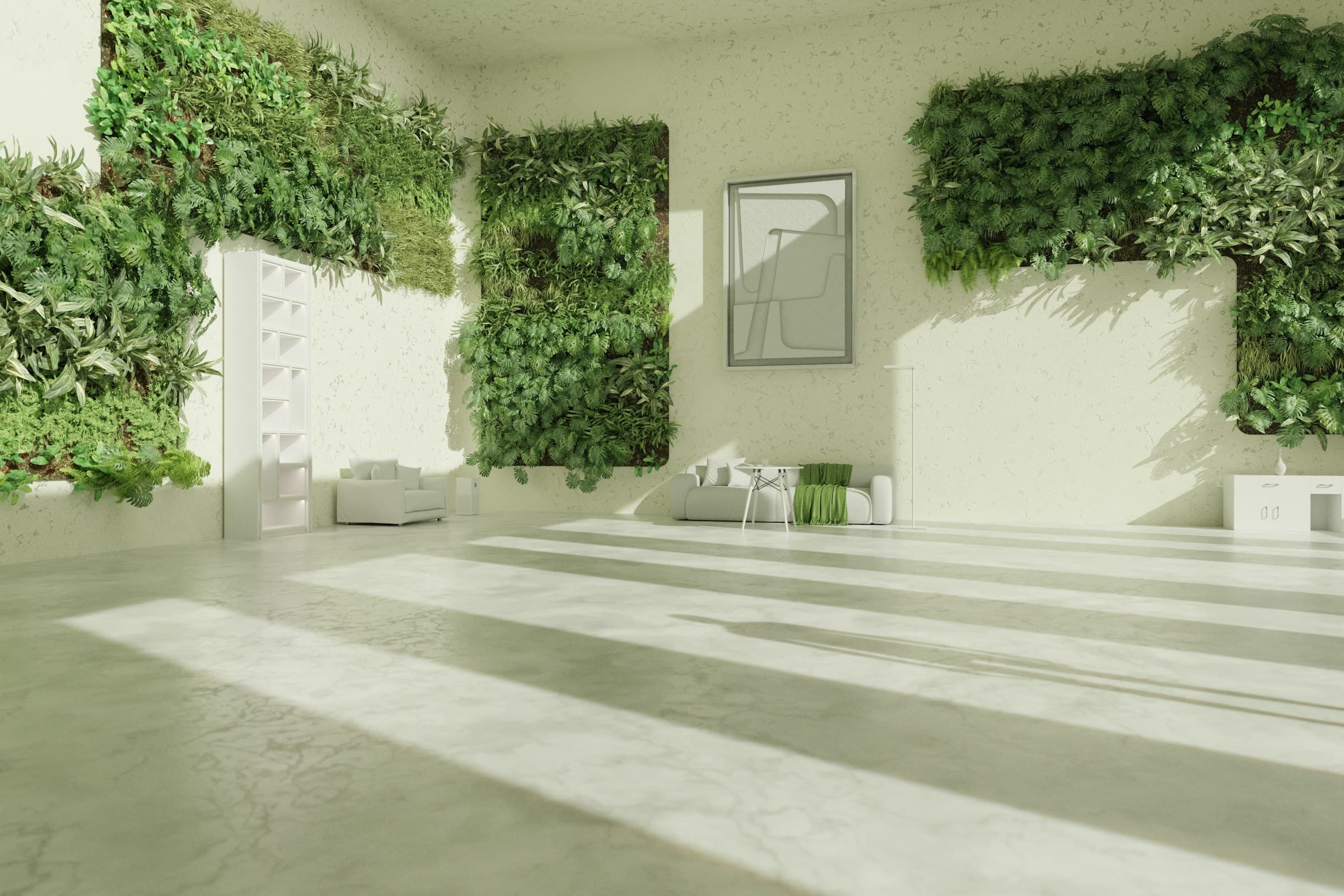 Sala de estar minimalista con grandes ventanales, luz natural abundante y plantas de interior, creando un ambiente sereno.