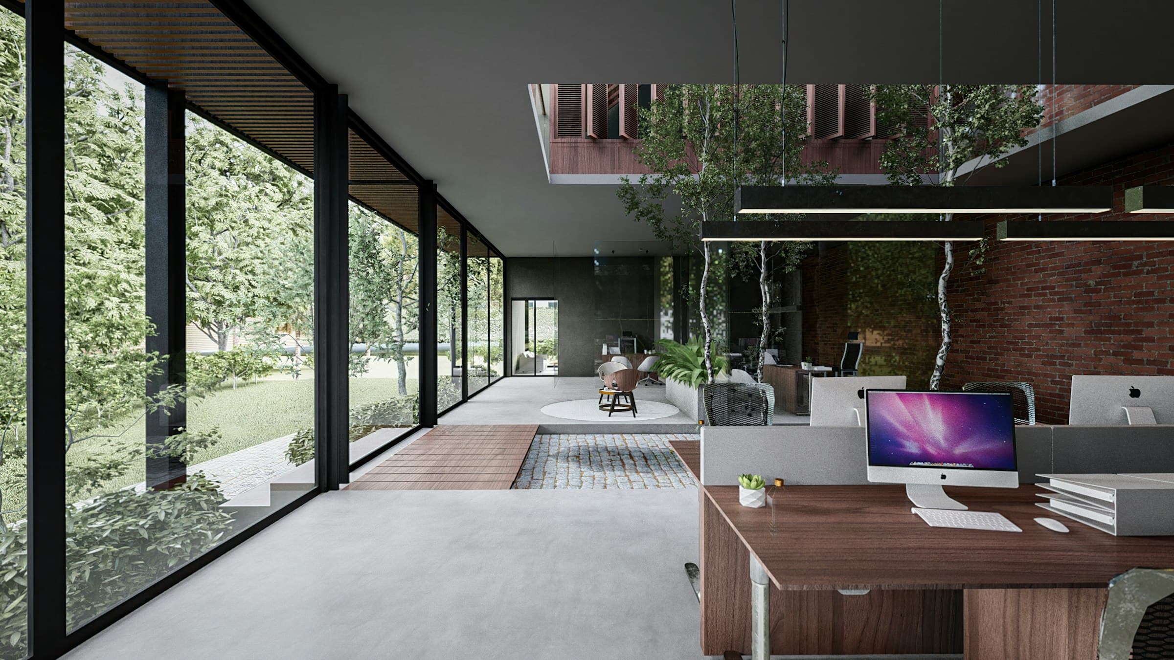 Un interior moderno y luminoso con grandes ventanales y plantas, bañadas por luz natural.