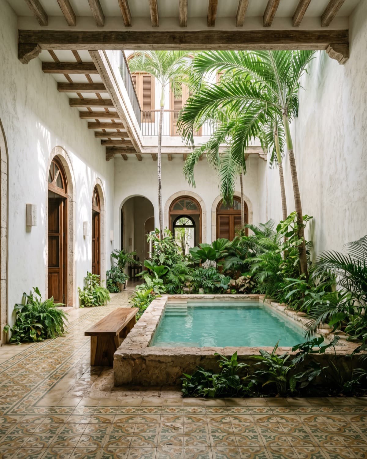 Detalle de arquitectura cálida de Mérida con cal blanca y madera