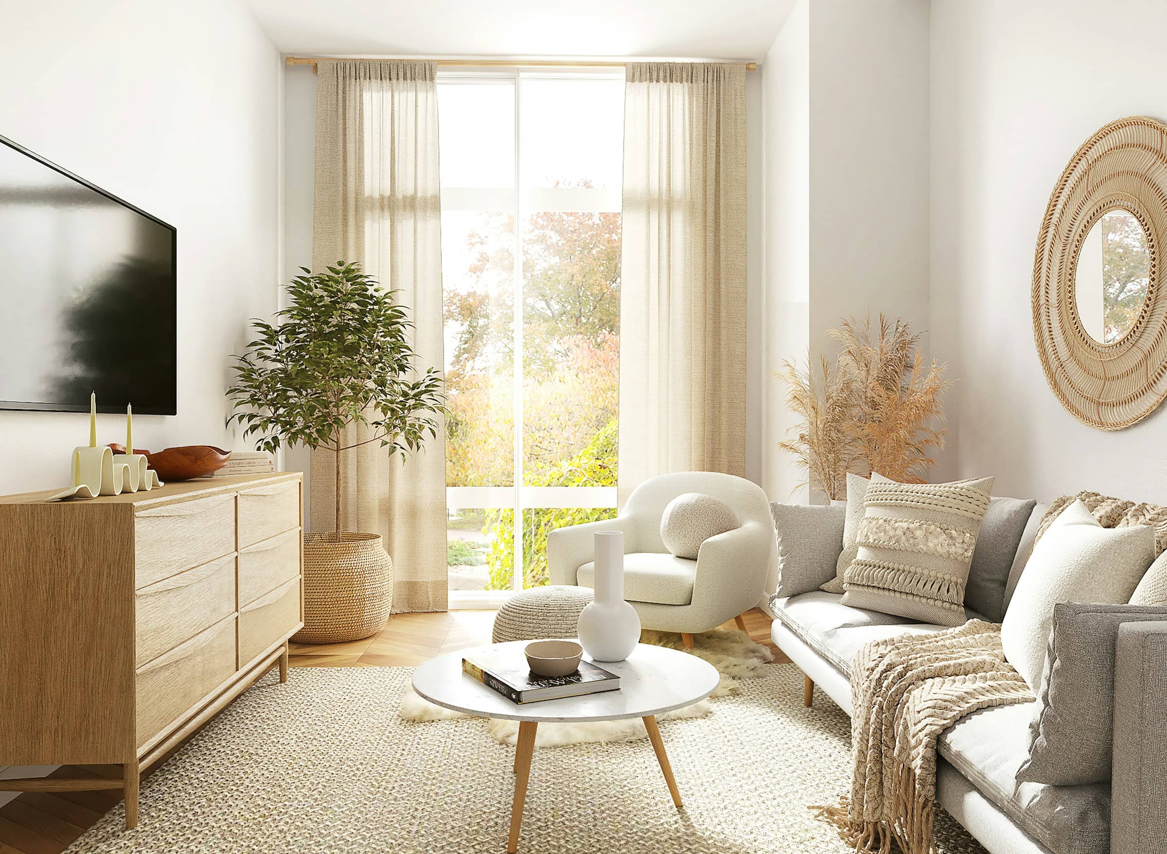 Sala de estar minimalista y acogedora con mucha luz natural y plantas verdes